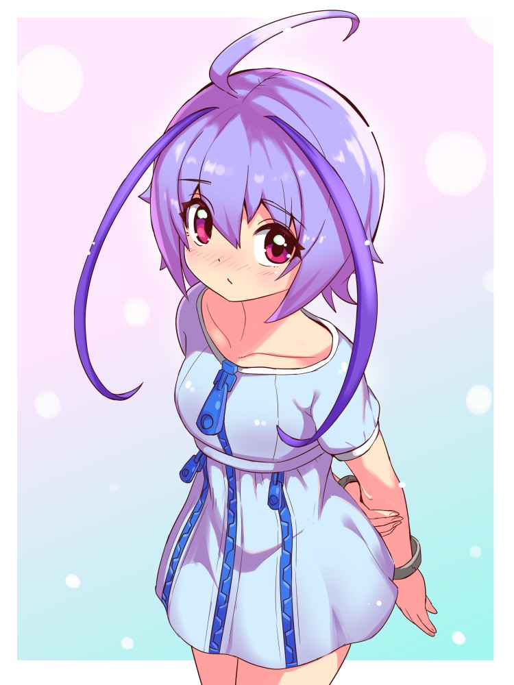 1girl, ahoge, arms_behind_back, azure_striker_gunvolt, bangs, blue_dress, blue_hair, blush