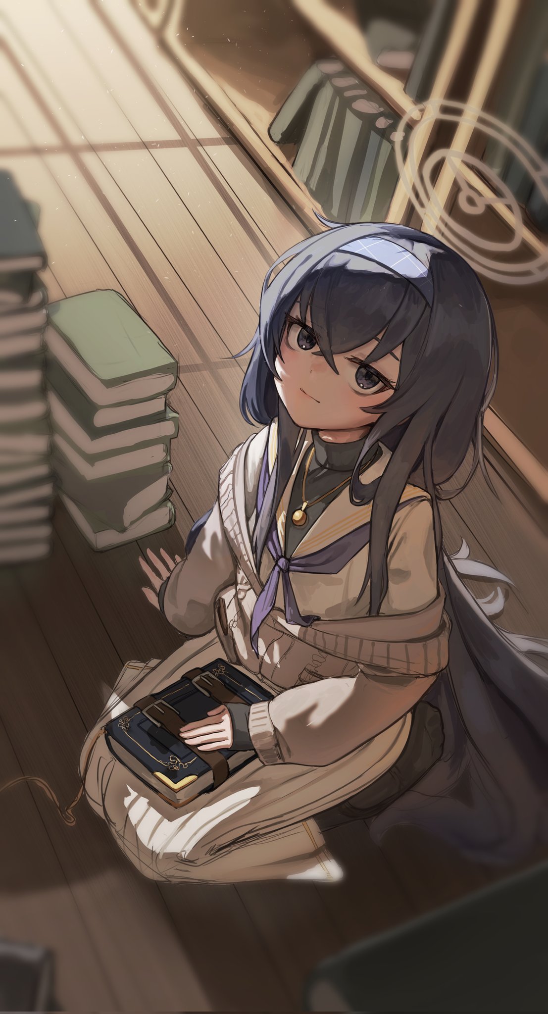 1girl, apopo, bangs, black_hair, blue_archive, blue_hairband, blue_neckerchief, book