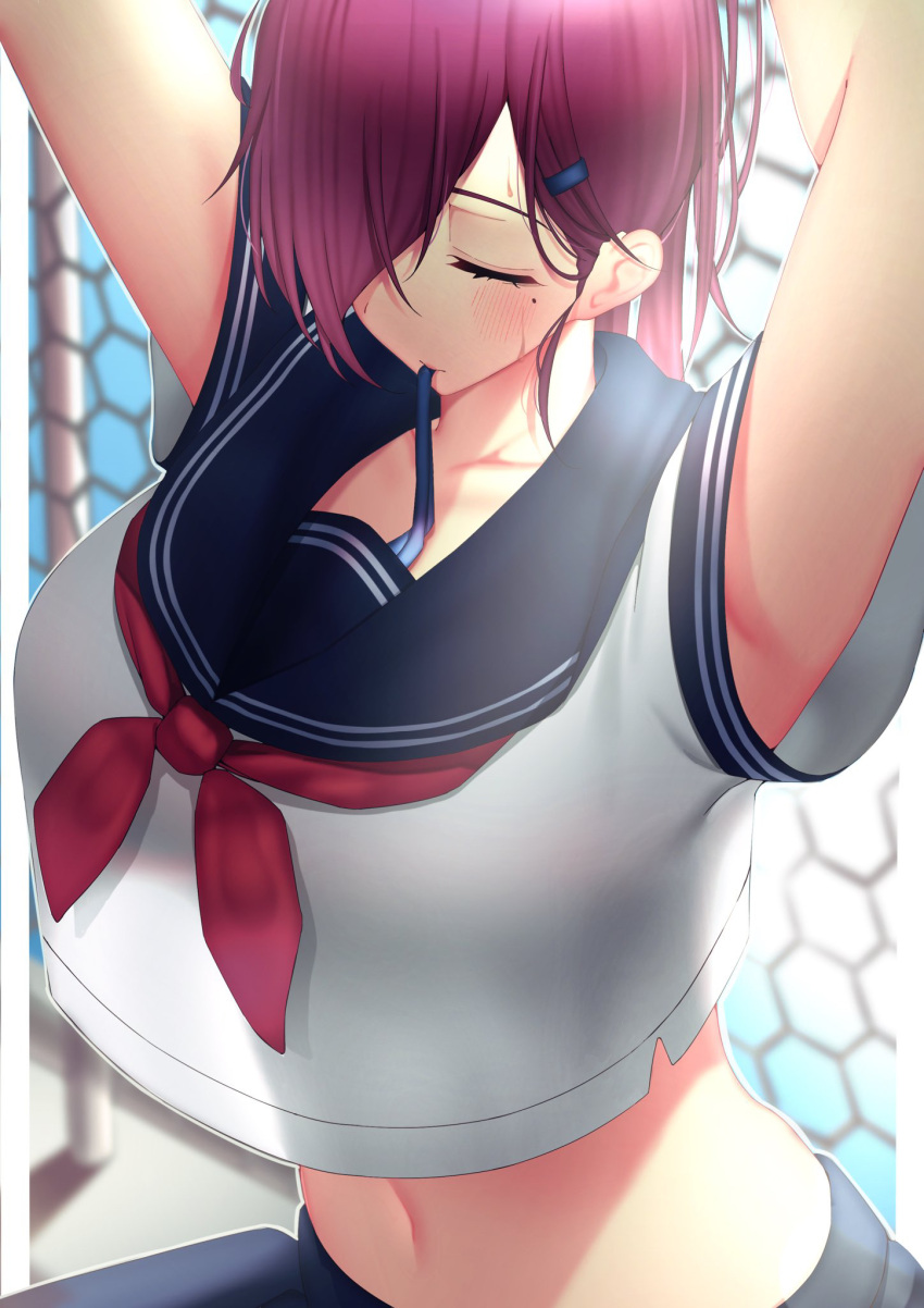 1girl, arms_up, azur_lane, black_sailor_collar, black_skirt, blue_ribbon, breasts, chain-link_fence