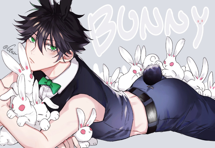 1boy, :/, animal, animal_ears, ass, ass_zipper, bangs, bare_shoulders