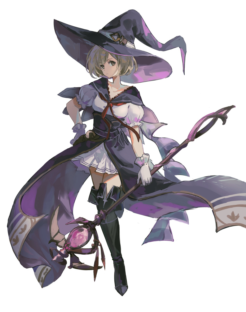 1girl, absurdres, aco_gbfg, black_footwear, blonde_hair, boots, breasts, commentary, djeeta_(granblue_fantasy), full_body, gloves, granblue_fantasy, hand_on_hip, hat, highres, holding, holding_staff, looking_at_viewer, neckerchief, puffy_short_sleeves, puffy_sleeves, purple_headwear, red_neckerchief, sash, shirt, short_hair, short_sleeves, small_breasts, solo, staff, thigh-highs, thigh_boots, waist_cape, warlock_(granblue_fantasy), white_gloves, white_shirt, witch_hat, yellow_eyes