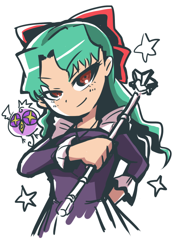 1girl, 1other, ajura_(kiiroi_kaiten_mokuba), cosmic_baton_girl_comet-san, dress, green_eyes, green_hair, purple_dress, white_background