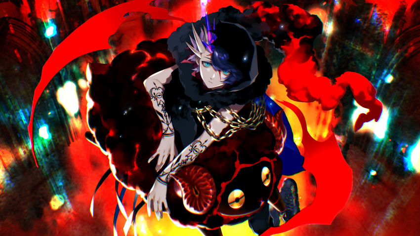 1boy, absurdres, akke_(akke299), alchemy_stars, arm_tattoo, black_footwear, blue_eyes, blue_hair