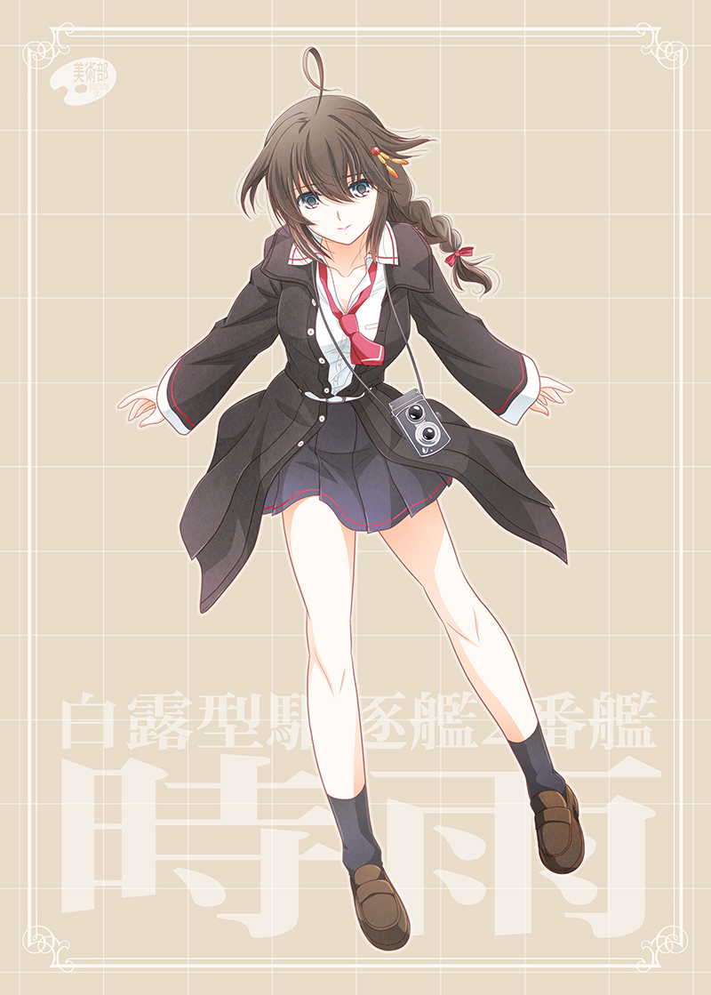 1girl, ahoge, black_coat, black_hair, black_skirt, blue_eyes, braid, camera