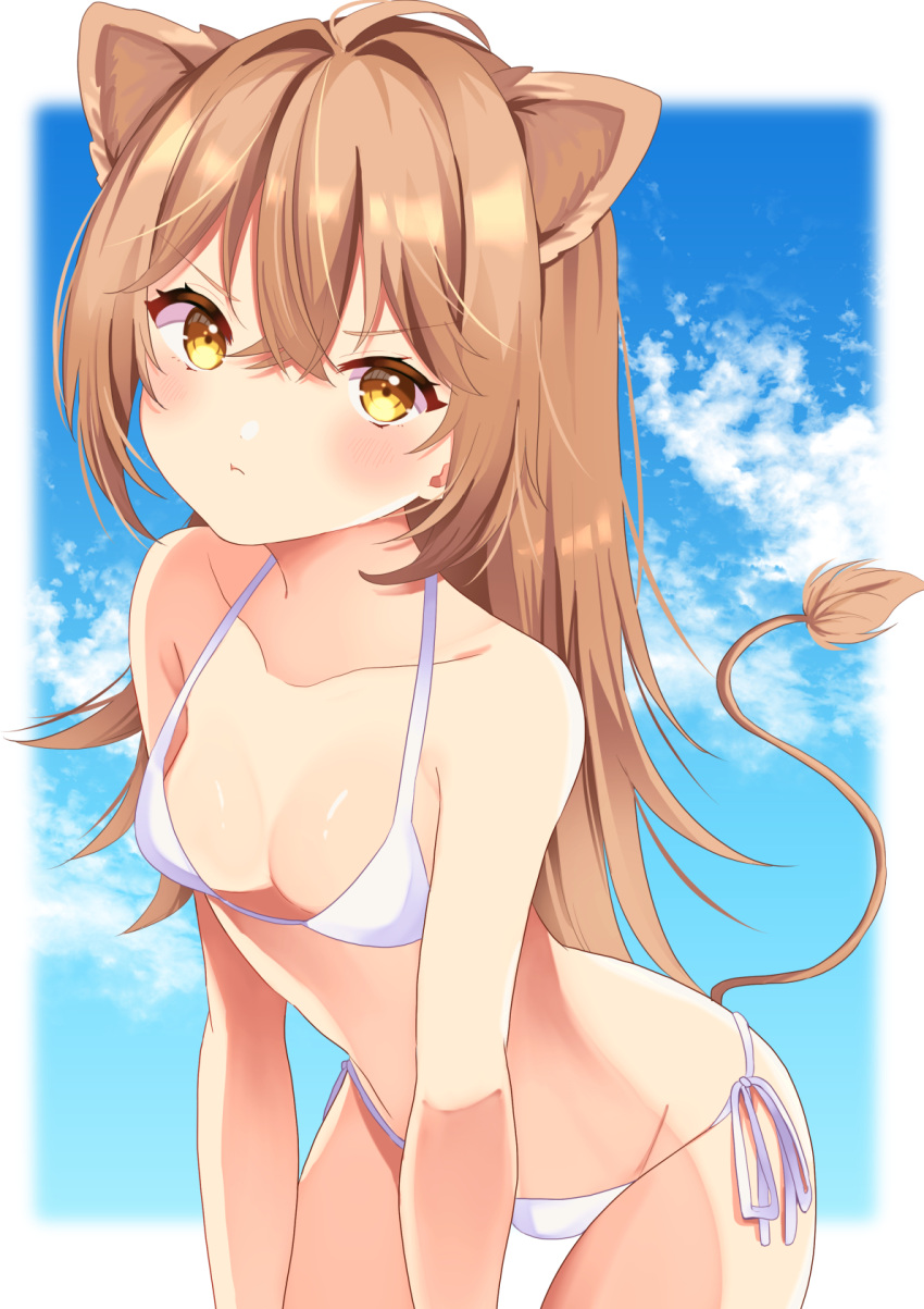 1girl, ahoge, animal_ears, bare_arms, bare_shoulders, bikini, breasts, brown_hair