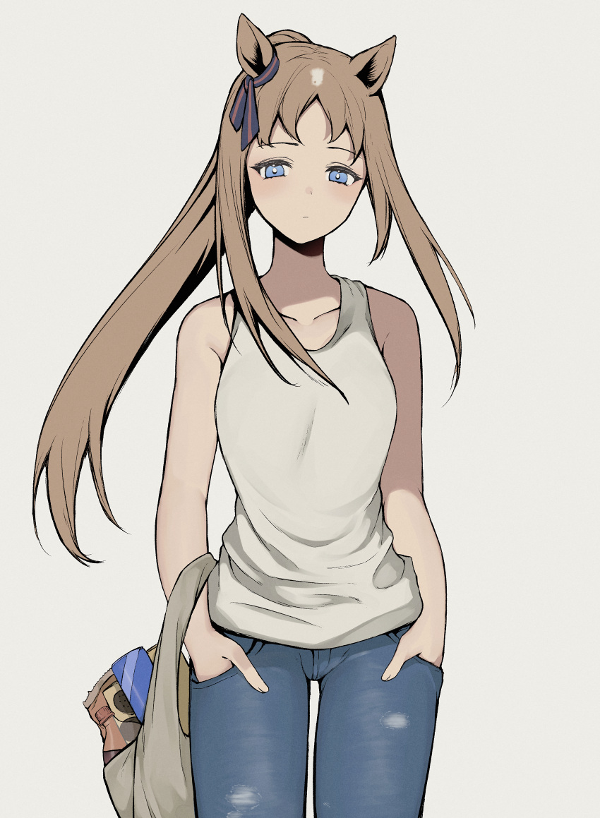 1girl, absurdres, alternate_costume, animal_ears, bag, bangs, blue_eyes, breasts