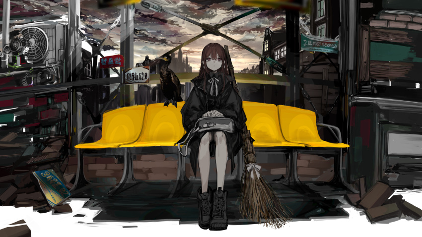 1girl, ankle_boots, bag, bench, black_coat, boots, broom, brown_eyes