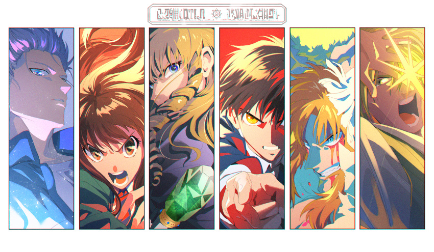 2girls, 4boys, blonde_hair, blue_eyes, brown_eyes, brown_hair, clenched_teeth, column_lineup, crystal, drill_hair, dufort, grin, highres, kafka_sunbeam, konjiki_no_gash!!, multiple_boys, multiple_girls, open_mouth, oumi_megumi, parco_folgore, pointing, pointing_at_viewer, purple_hair, serious, sherry_belmont, smile, t_k_g, takamine_kiyomaro, teeth, yellow_eyes