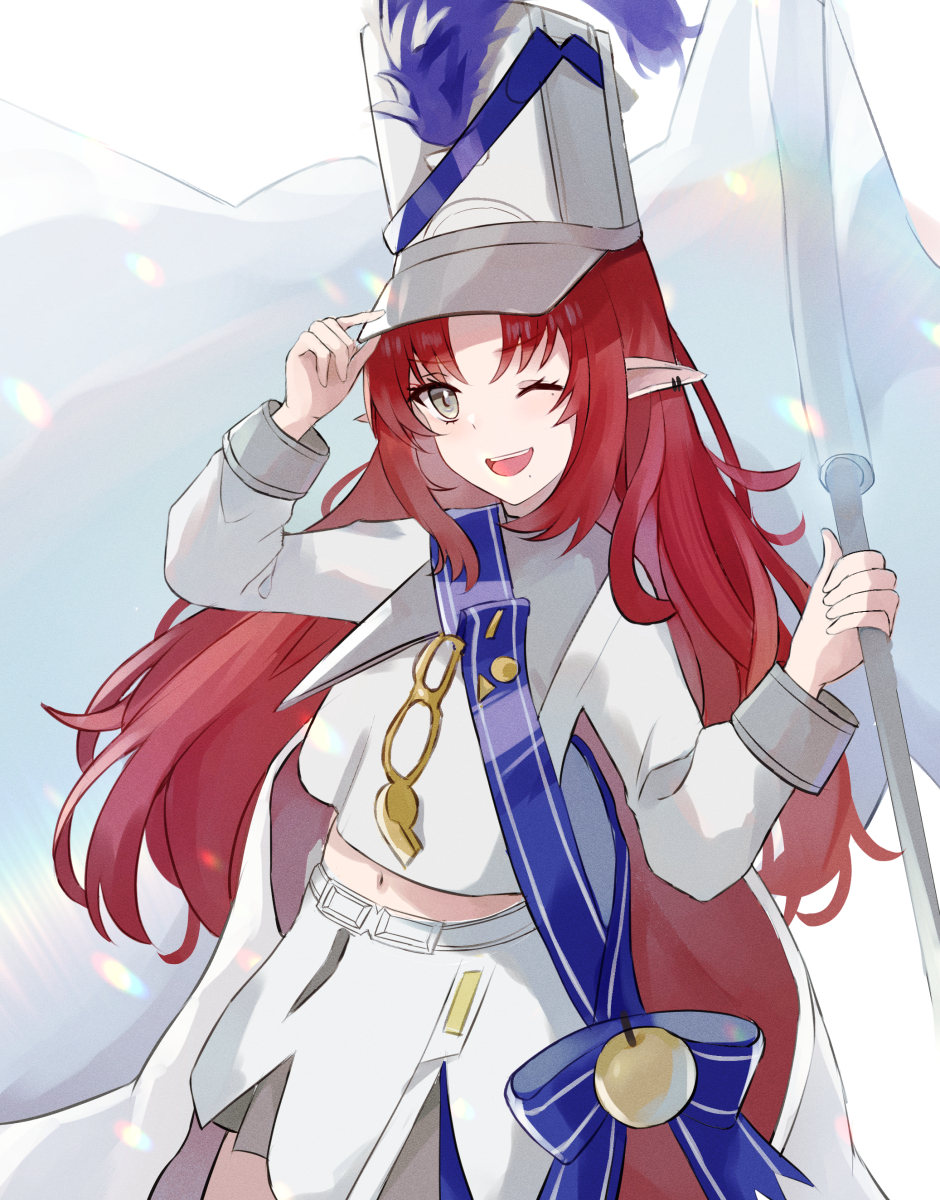 1girl, ;d, apple, arknights, blue_sash, cowboy_shot, cropped_shirt, ear_piercing