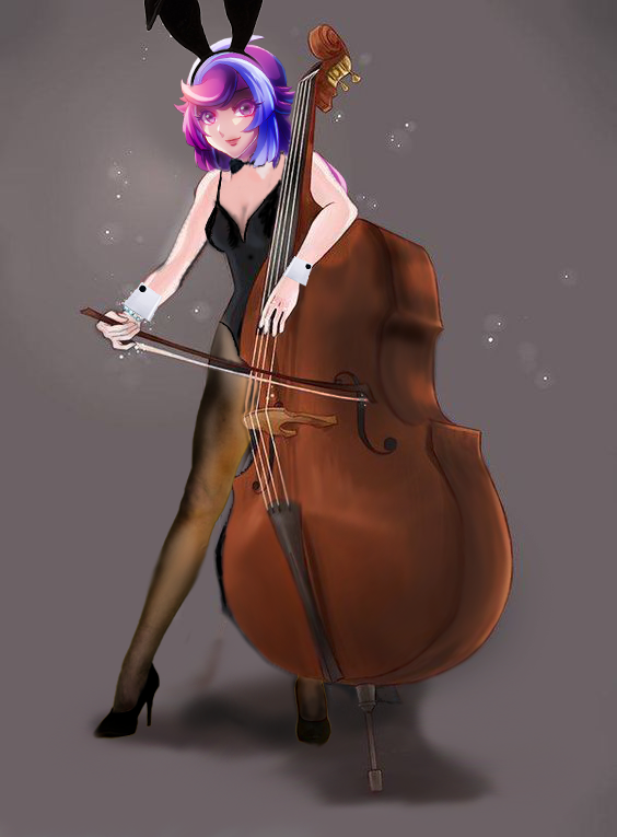 1girl, animal_ears, bessho_emma, bow_(music), double_bass, high_heels, instrument, non-web_source
