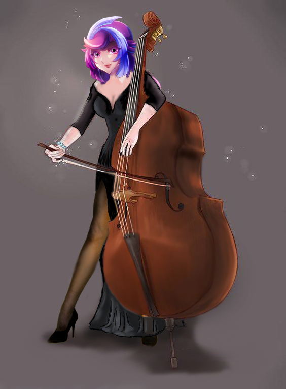 1girl, bessho_emma, bow_(music), double_bass, dress, high_heels, instrument, non-web_source