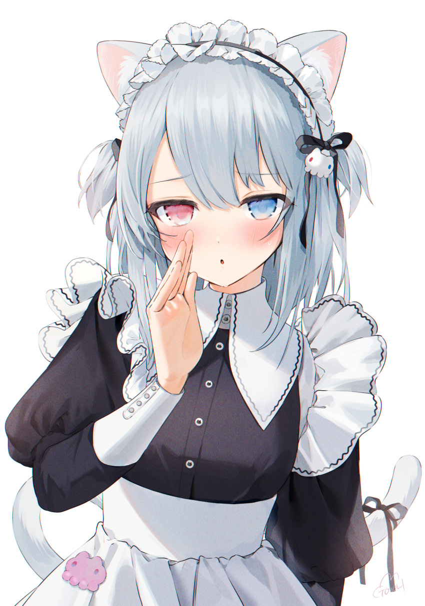 1girl, animal_ear_fluff, animal_ears, arm_at_side, bangs, black_ribbon, blue_eyes, breasts