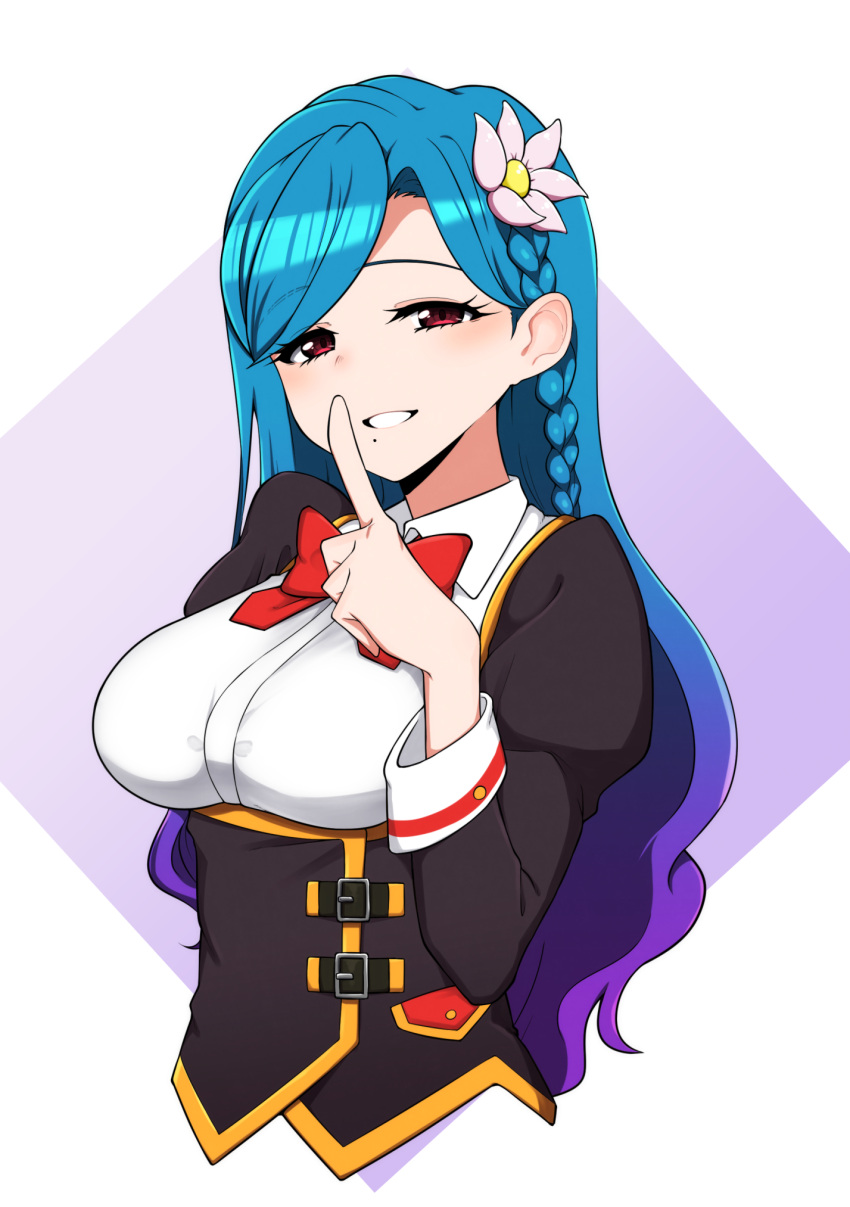 1girl, aikatsu!, aikatsu!_(series), bangs, black_jacket, blue_hair, bow, bowtie, braid, breasts, collared_shirt, commentary, cropped_torso, dream_academy_uniform, eyebrows_visible_through_hair, finger_to_mouth, flower, gradient_hair, grin, hair_behind_ear, hair_flower, hair_ornament, half-closed_eyes, hand_up, highres, index_finger_raised, jacket, juliet_sleeves, kazesawa_sora, light_blush, long_sleeves, looking_at_viewer, medium_breasts, minakamirin, mole, mole_under_mouth, multicolored_hair, parted_lips, pink_flower, puffy_sleeves, purple_background, purple_hair, red_bow, red_bowtie, red_eyes, school_uniform, shirt, side_braid, single_braid, smile, solo, swept_bangs, two-tone_background, two-tone_hair, upper_body, white_background, white_shirt