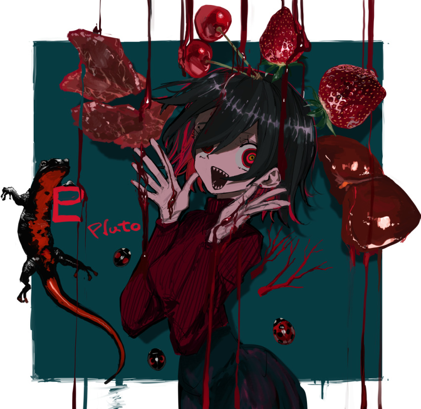 1girl, :d, black_hair, black_skirt, blood, blue_background, bob_cut, bug
