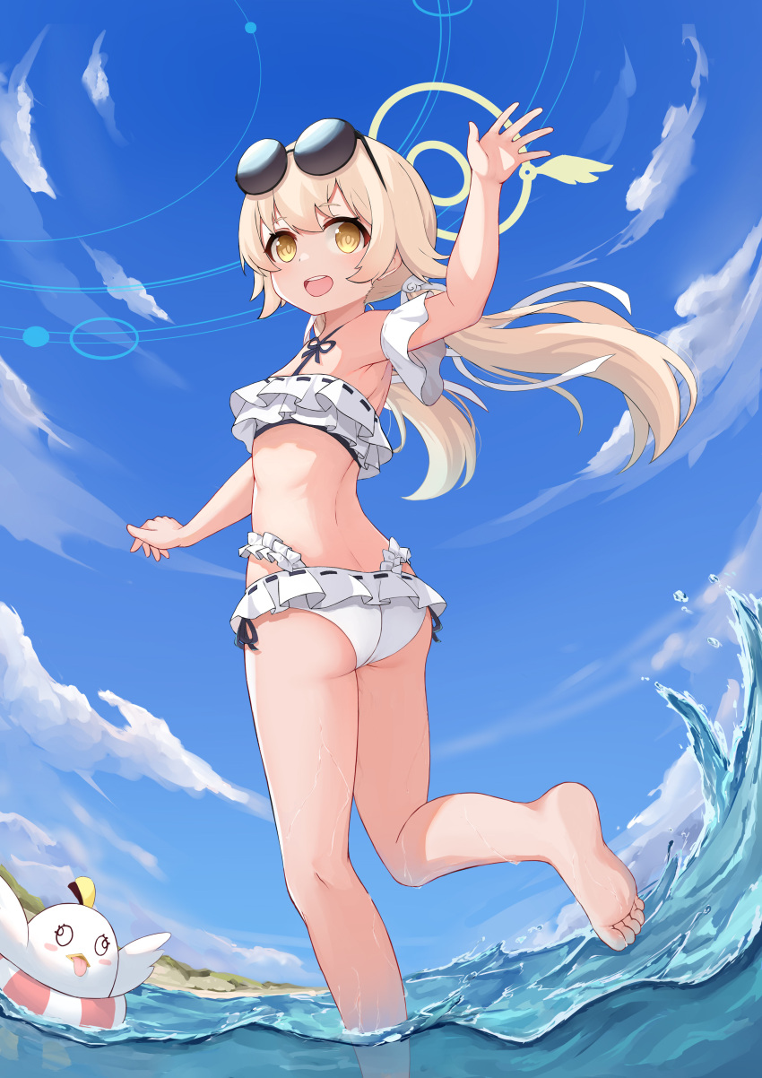 1girl, absurdres, armpits, ass, bangs, bare_back, barefoot, bikini, blue_archive, blue_sky, clouds, cloudy_sky, commentary_request, detached_sleeves, eyebrows_visible_through_hair, eyewear_on_head, fisheye, frilled_bikini, frills, from_behind, from_below, hair_between_eyes, hair_ornament, halo, hifumi_(blue_archive), hifumi_(swimsuit)_(blue_archive), highres, in_water, jinfengkaze, lifebuoy, light_brown_eyes, light_brown_hair, long_hair, looking_at_viewer, low_twintails, midriff, mountainous_horizon, ocean, sidelocks, sky, soles, standing, standing_on_one_leg, sunglasses, swimsuit, toes, twintails, twisted_torso, waving, white_bikini