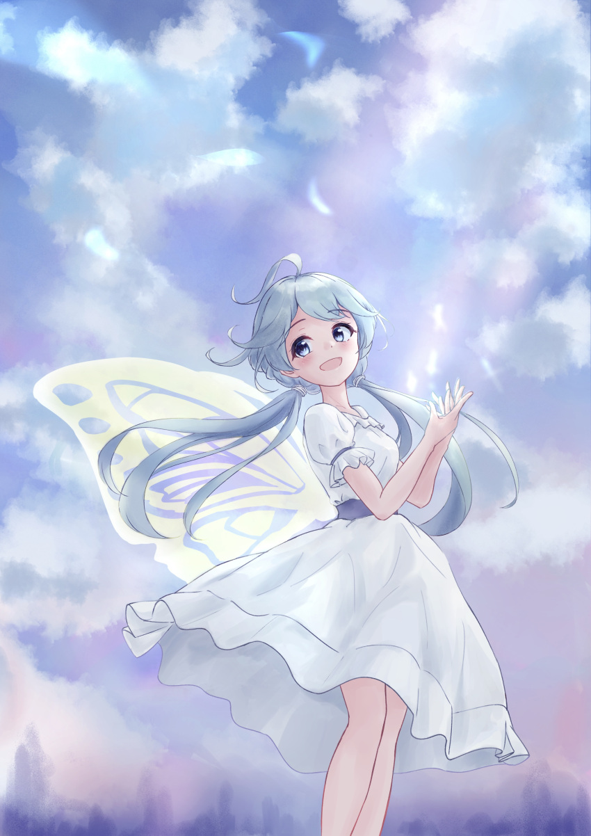 1girl, :d, absurdres, ahoge, bangs, blue_eyes, blue_hair, blush, butterfly_wings, dress, eyebrows_visible_through_hair, facing_viewer, fairy, fairy_wings, free_palet, frills, highres, legs_together, long_hair, looking_to_the_side, low_twintails, open_mouth, original, own_hands_together, puffy_short_sleeves, puffy_sleeves, rainbow, short_sleeves, sky, smile, solo, twintails, very_long_hair, wings