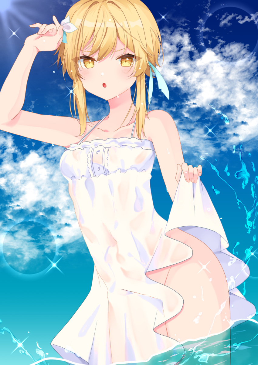 1girl, bangs, bare_shoulders, blonde_hair, blush, breasts, clothes_lift, dress