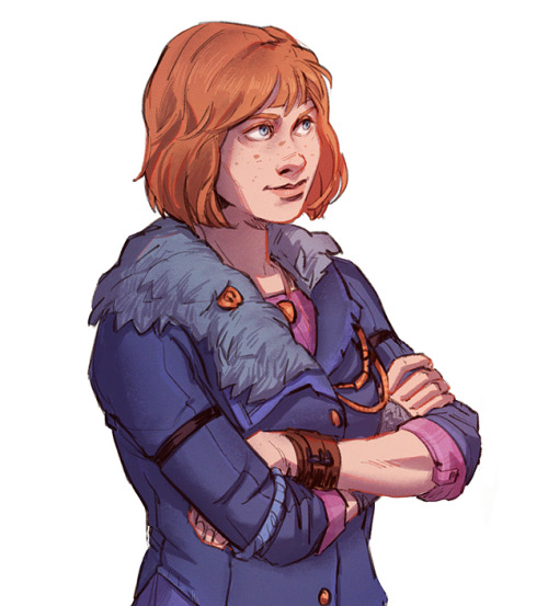 1girl, arms_crossed, blue_jacket, bracelet, capella, domirine, freckles, fur_collar
