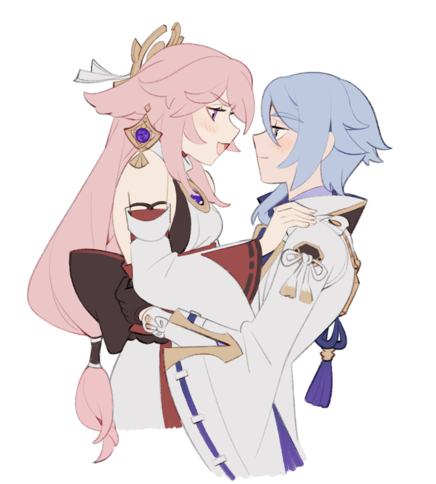 1boy, 1girl, animal_ears, blue_eyes, couple, detached_sleeves, earrings, formal