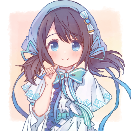 1girl, bangs, black_hair, blue_bow, blue_eyes, blue_gemstone, blue_ribbon, blush, bow, buttons, capelet, chiaki_riko, child, collared_shirt, eyebrows_visible_through_hair, framed, frills, gem, hair_bow, hair_ribbon, hand_up, head_scarf, holding, holding_ribbon, looking_at_viewer, low_twintails, lowres, magia_record:_mahou_shoujo_madoka_magica_gaiden, magical_girl, mahou_shoujo_madoka_magica, medium_hair, orange_background, portrait, ribbon, ruru_(rurumagi), shirt, simple_background, smile, solo, striped, striped_bow, swept_bangs, twintails, white_capelet, wind