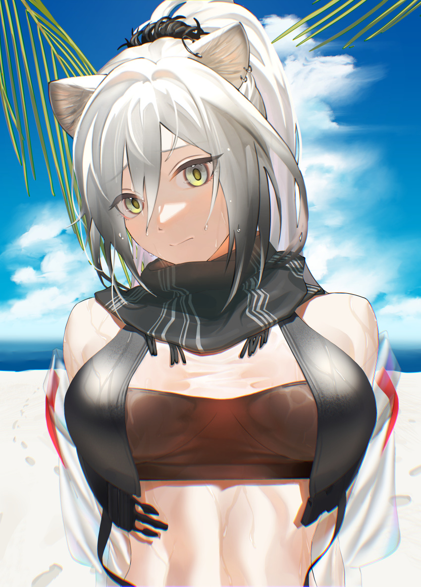 1girl, absurdres, animal_ear_fluff, animal_ears, arknights, arms_behind_back, bangs, bare_shoulders