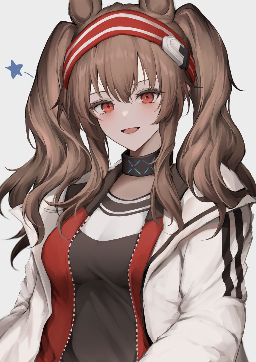 1girl, :d, absurdres, angelina_(arknights), animal_ears, arknights, bangs, black_shirt, blush, breasts, brown_hair, coat, collar, commentary_request, eyebrows_visible_through_hair, fox_ears, hairband, highres, hyakutarou_(momotar0_4), infection_monitor_(arknights), jacket, long_hair, long_sleeves, looking_at_viewer, medium_breasts, open_clothes, open_coat, open_jacket, open_mouth, red_eyes, red_hairband, red_jacket, shirt, sidelocks, smile, solo, twintails, two-tone_hairband, upper_body, white_coat