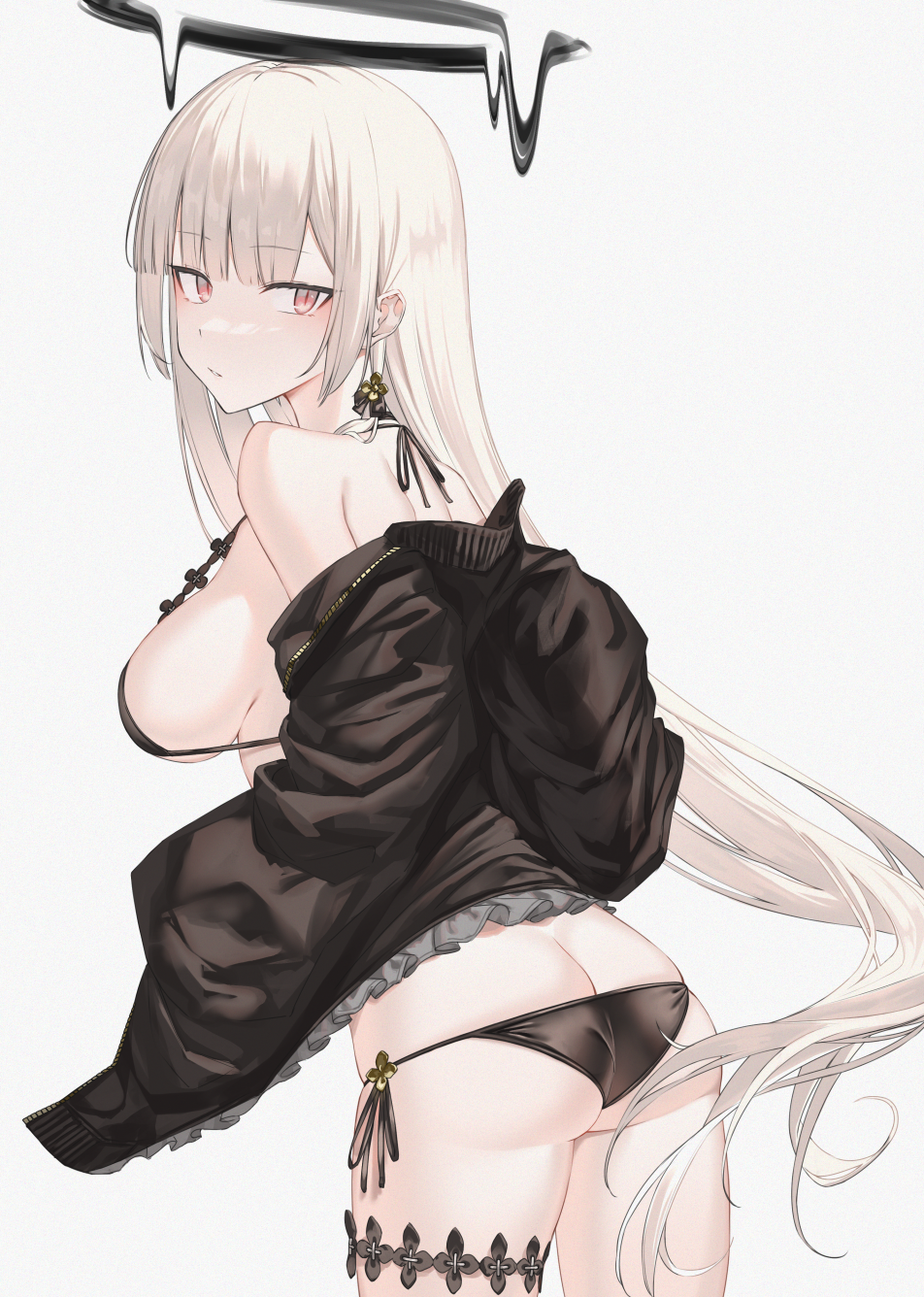 1girl, ass, bangs, bare_shoulders, bikini, black_bikini, black_jacket, blunt_bangs, breasts, cowboy_shot, halo, halterneck, highres, jacket, koga_taiga, large_breasts, long_hair, long_sleeves, off_shoulder, original, pink_eyes, side-tie_bikini, simple_background, solo, standing, swimsuit, thigh_strap, very_long_hair, white_background, white_hair