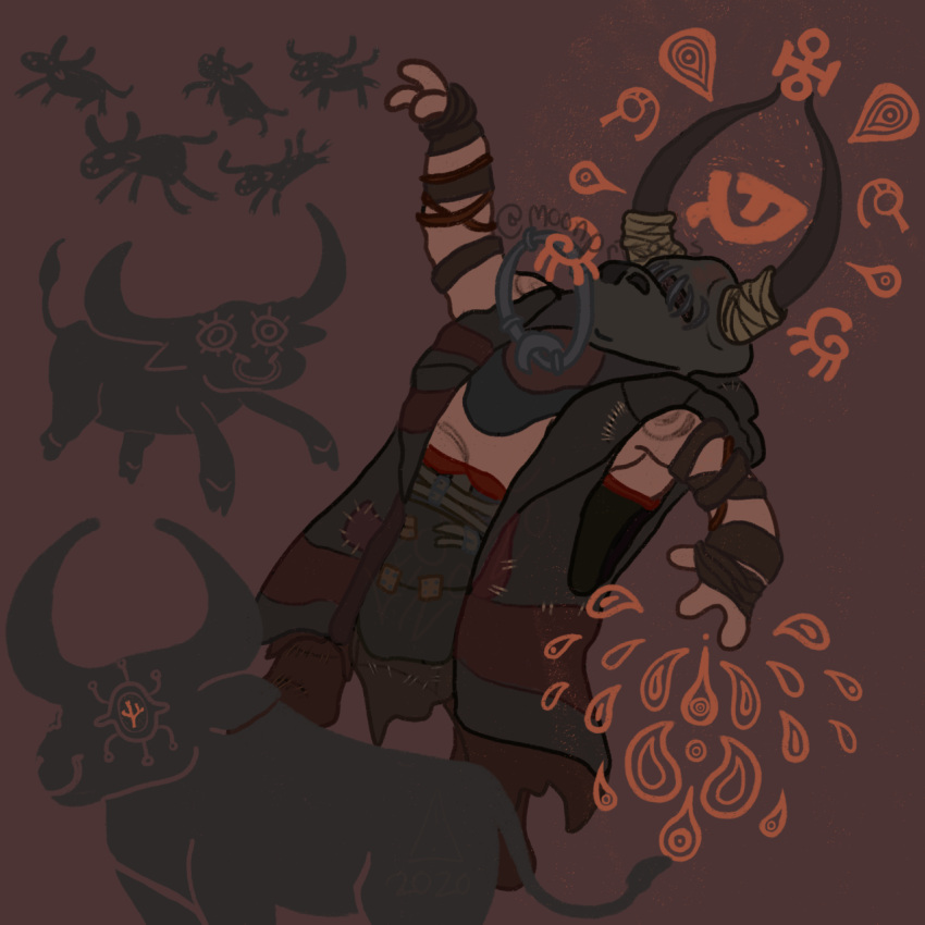 1man, belt, blood, brown_jacket, bull, chibi, cute, helmet, horns, humbles, midriff, moonprisons, oyun, pathologic, pathologic_2, sigil, solo, straps