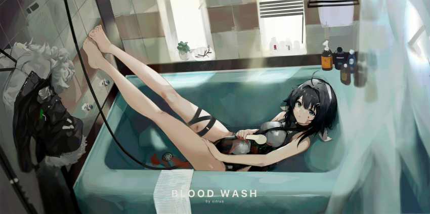 1girl, absurdres, ahoge, arknights, artist_name, bathtub, black_hair, black_jacket, black_shorts, blood, blood_on_clothes, blood_on_face, blood_on_leg, blue_eyes, citrus_(pixiv_32844232), feet_up, full_body, fur-trimmed_jacket, fur_trim, grey_shirt, hair_between_eyes, hair_intakes, hair_ornament, hairclip, highres, jacket, jacket_removed, la_pluma_(arknights), looking_at_viewer, lying, on_back, shampoo_bottle, shirt, short_hair, shorts, solo, thigh_strap