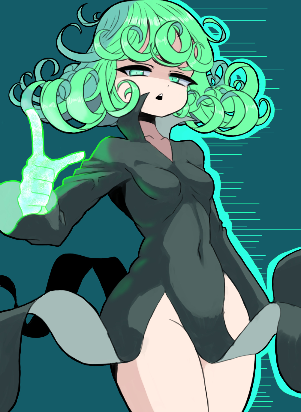 1girl, bangs, chestnut_mouth, covered_navel, curly_hair, dress, floating_clothes, glowing, glowing_hand, green_eyes, green_hair, groin, half-closed_eyes, high_collar, highres, kamuruchii, long_sleeves, medium_hair, motion_lines, narrowed_eyes, no_panties, one-punch_man, open_mouth, popped_collar, shaded_face, side_slit, skin_tight, solo, tatsumaki, telekinesis, thick_thighs, thighs
