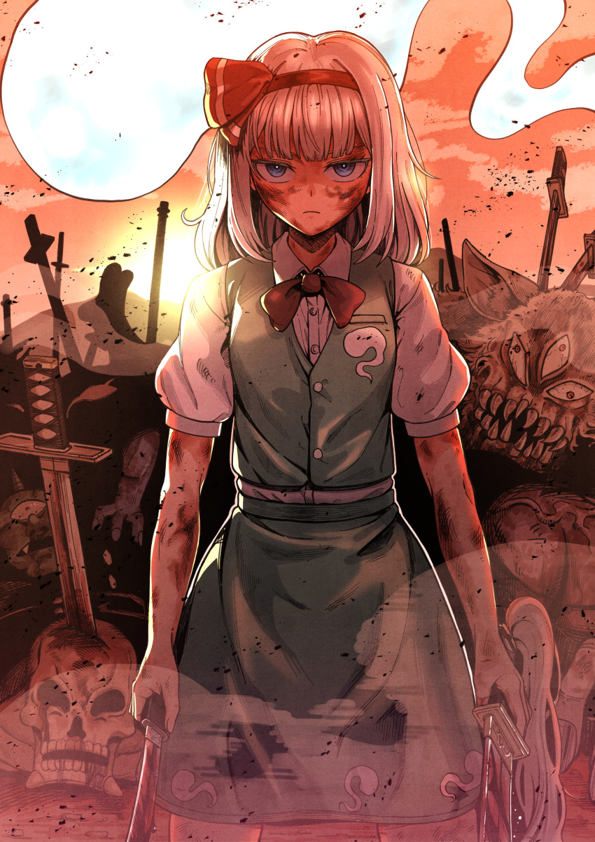 1girl, absurdres, bangs, blood, blood_on_clothes, blood_on_face, blood_on_hands, blood_on_weapon