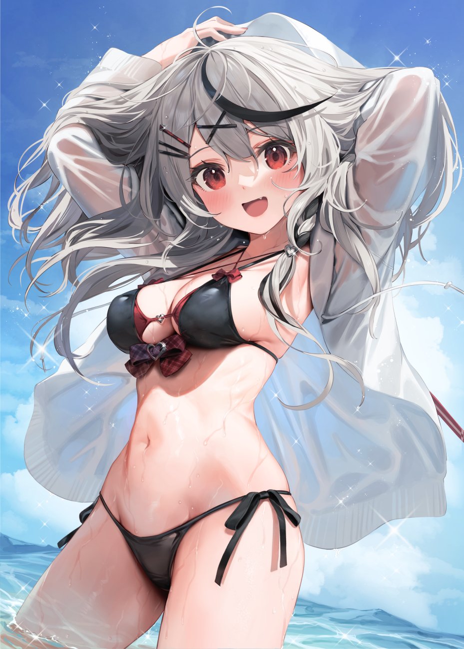 1girl, :d, arms_behind_head, arms_up, bangs, banned_artist, bikini, black_bikini
