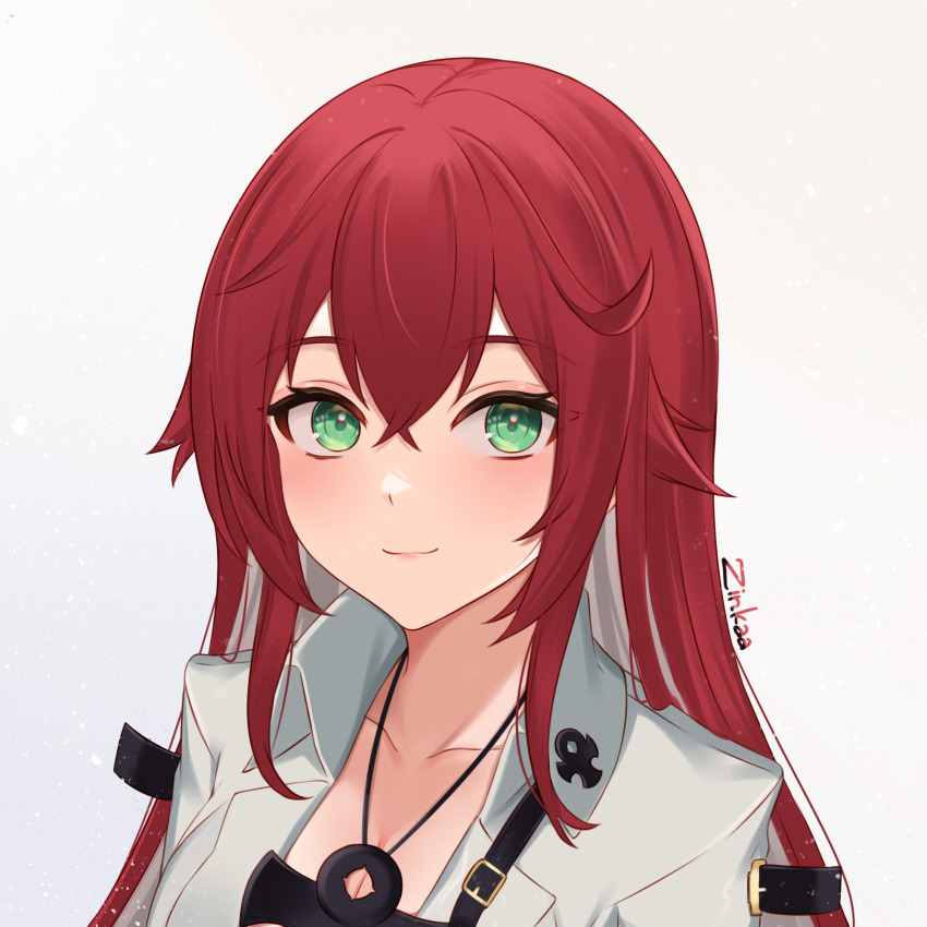 1girl, ankh, artist_name, bangs, blush, closed_mouth, collarbone, commentary, green_eyes, grey_background, guilty_gear, guilty_gear_strive, highres, jack-o'_valentine, jewelry, lips, long_hair, looking_at_viewer, necklace, redhead, shiny, shiny_hair, signature, simple_background, smile, upper_body, zinkaa