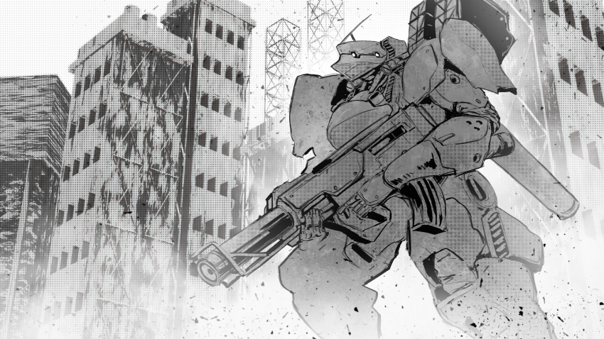 absurdres, building, greyscale, highres, kawasemi_alter, looking_ahead, mecha, monochrome