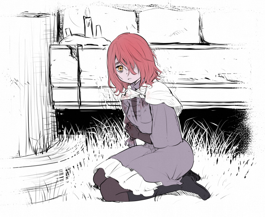 1girl, amputee, blood, brown_gloves, capelet, cloak, closed_mouth, dress, elden_ring, gloves, hair_over_one_eye, holding, kari_(kakko_k), looking_at_viewer, millicent_(elden_ring), redhead, short_hair, simple_background, solo, white_background, yellow_eyes