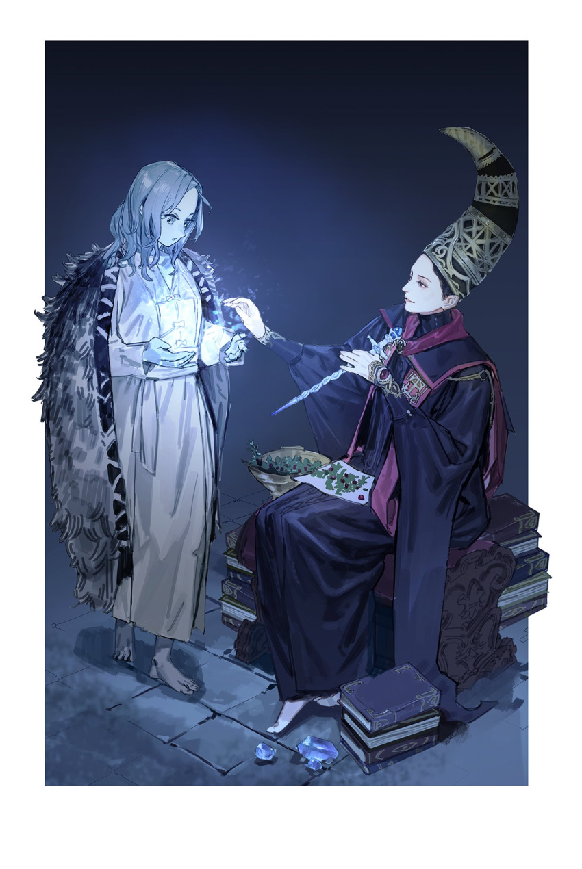 2girls, black_hair, blue_cape, blue_eyes, blue_hair, blue_skin, cape, cloak