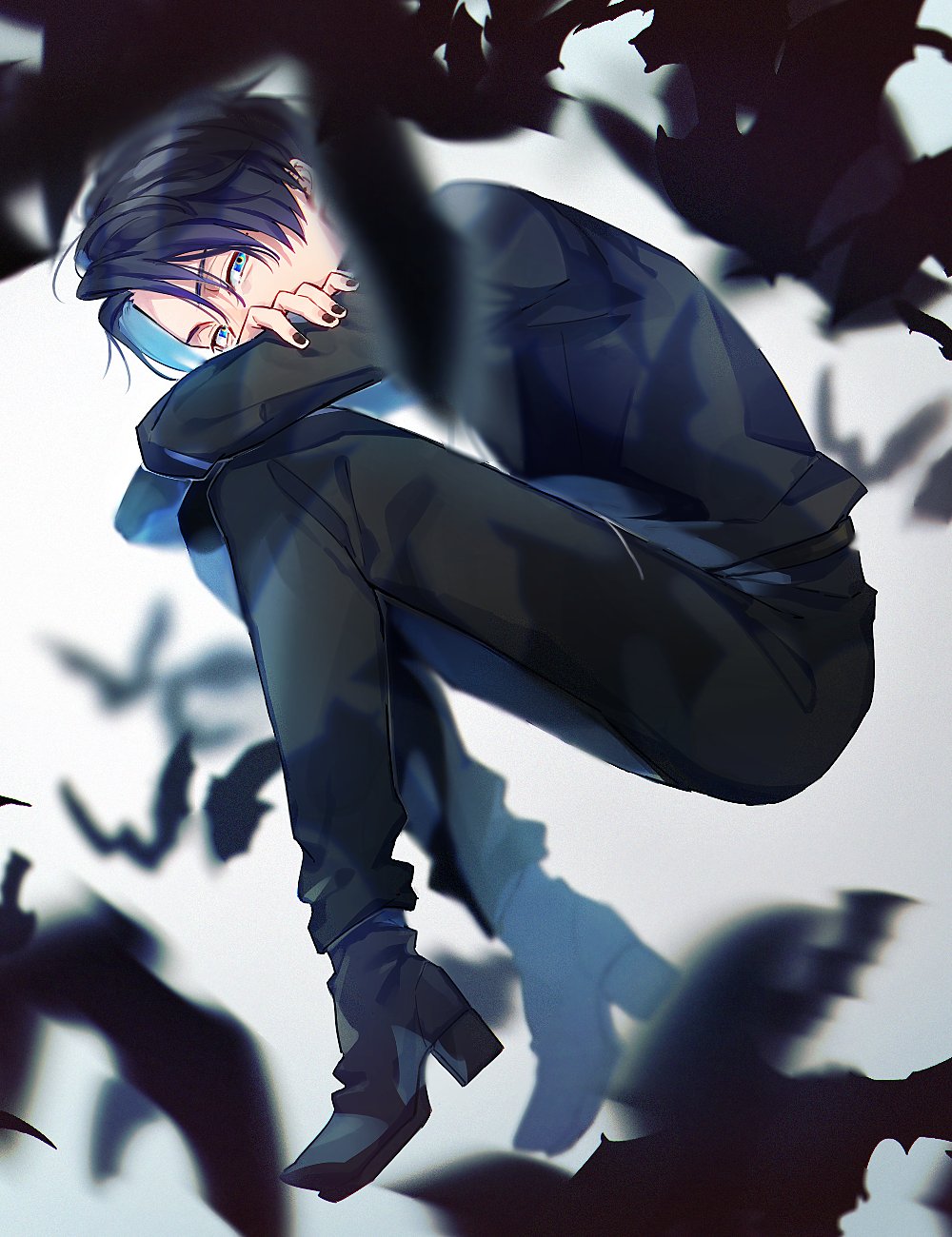 1boy, aam09212, aqua_eyes, bat, black_footwear, black_hair, black_nails, black_pants