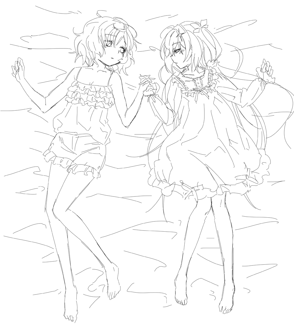 2girls, ahoge, alternate_costume, bangs, bare_arms, barefoot, bed_sheet, blush