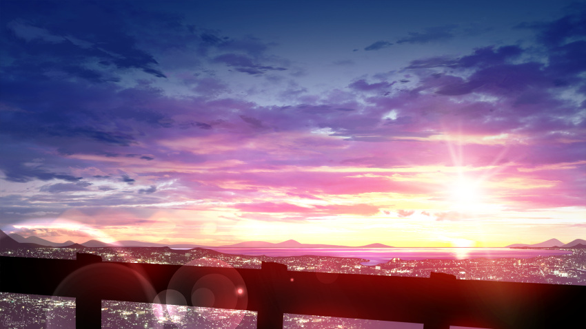 city, city_below, city_lights, cityscape, clouds, commentary, evening, guard_rail
