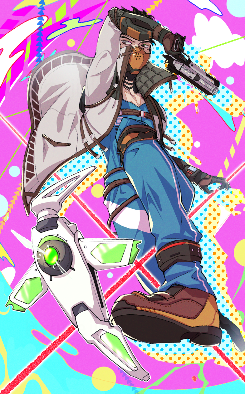 1boy, apex_legends, b3_wingman, black_hair, blue_jumpsuit, boots, brown_eyes, brown_footwear