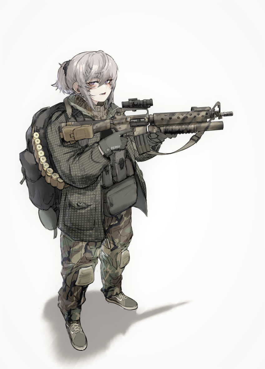 1girl, absurdres, alma01, assault_rifle, backpack, bag, bangs, black_gloves