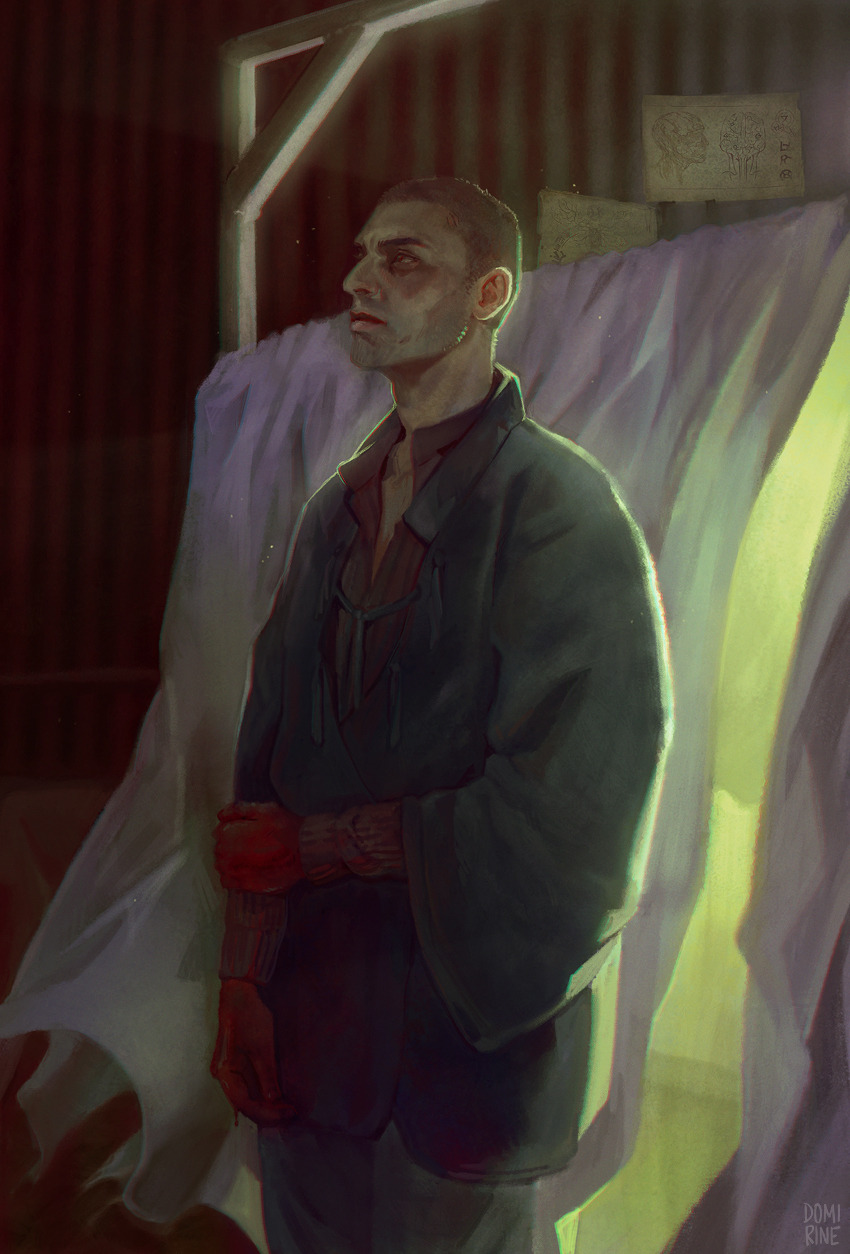 1man, bald, blood, blood_on_clothes, blood_on_hands, blue_shirt, domirine, humbles