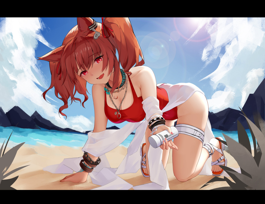 1girl, absurdres, all_fours, angelina_(arknights), angelina_(summer_flowers)_(arknights), animal_ears, arknights, beach