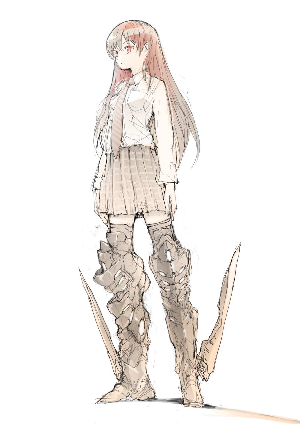 1girl, boots, breasts, burningblossom, collared_shirt, hair_behind_ear, highres, medium_breasts