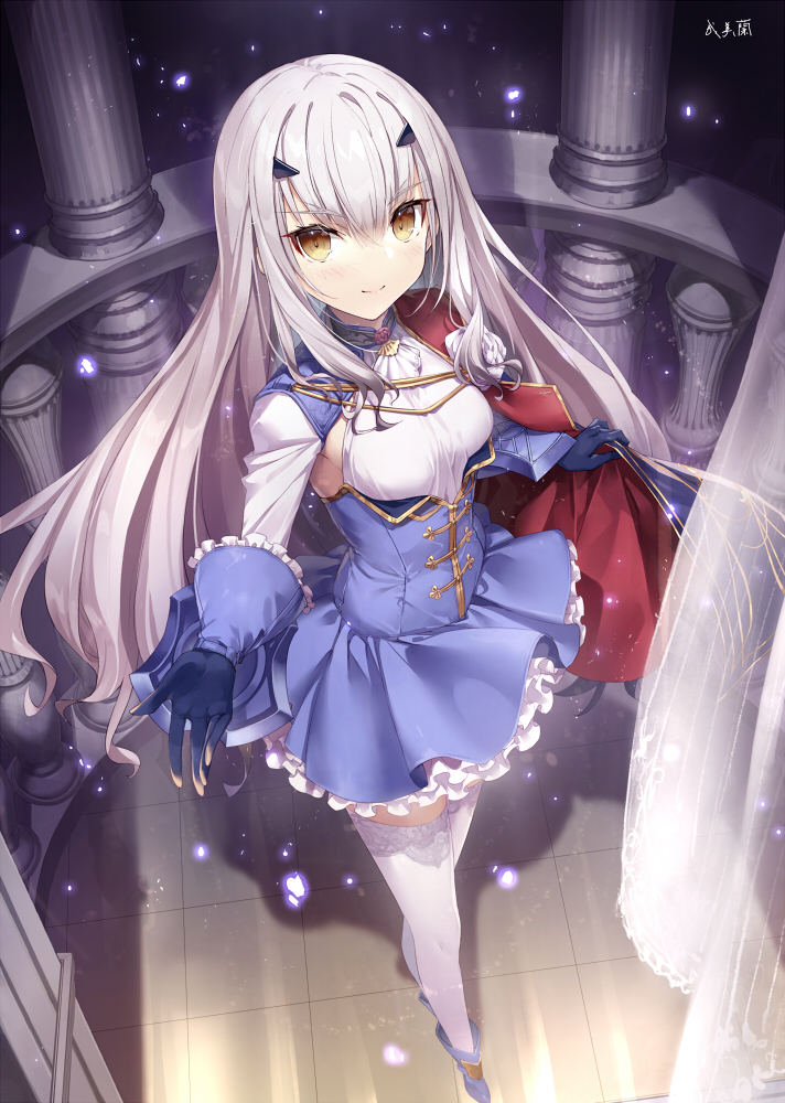 1girl, bangs, blue_dress, breasts, brown_eyes, cape, dress, fairy_knight_lancelot_(fate)