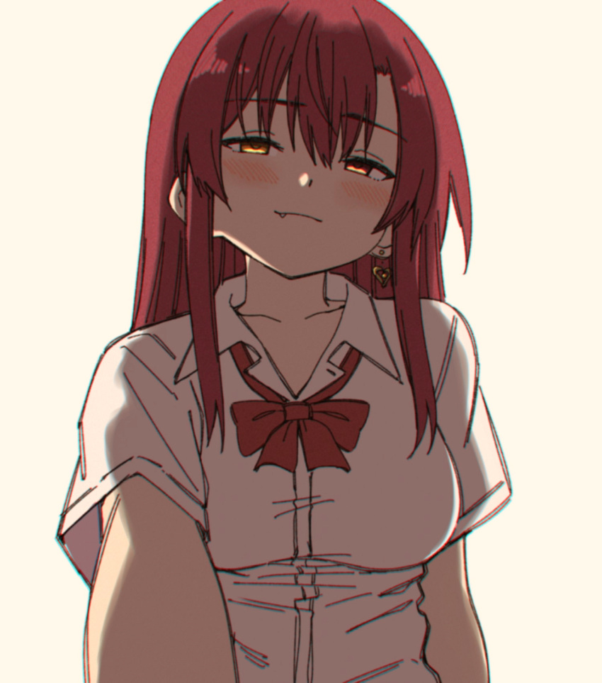 1girl, bangs, blush, bow, bowtie, breasts, collarbone, earrings, eyes_visible_through_hair, fang, fang_out, hair_between_eyes, heart, heart_earrings, heterochromia, highres, hololive, homura910210, houshou_marine, jewelry, light_smile, long_hair, medium_breasts, pov, red_bow, red_bowtie, red_eyes, redhead, shirt, short_sleeves, simple_background, single_earring, solo, virtual_youtuber, white_background, white_shirt, yellow_eyes