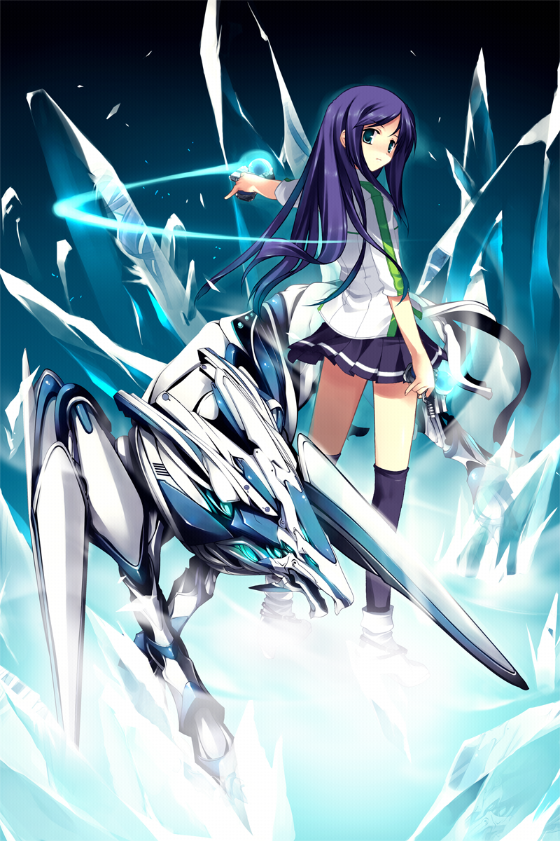 blue_hair, duran, girl, green_eyes, gun, knee_socks, kuga_natsuki, long_hair