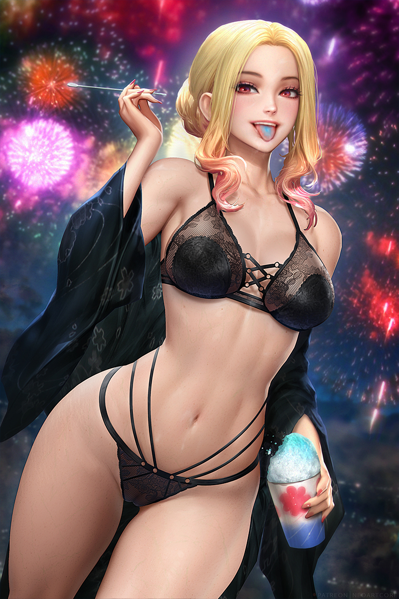 1girl, bangs, black_bra, black_kimono, black_panties, blonde_hair, bra, breasts, collarbone, dutch_angle, english_commentary, firework_background, fireworks, gradient_hair, hair_bun, high-waist_panties, holding, japanese_clothes, kimono, kitagawa_marin, lingerie, long_hair, looking_at_viewer, medium_breasts, multicolored_hair, navel, neoartcore, off_shoulder, panties, parted_bangs, red_eyes, redhead, sidelocks, solo, sono_bisque_doll_wa_koi_wo_suru, tongue, tongue_out, underwear