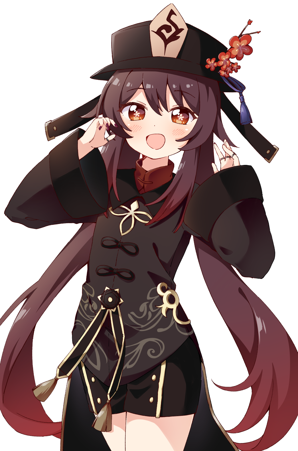 1girl, :d, bangs, black_nails, black_shorts, brown_hair, chinese_clothes, commentary_request