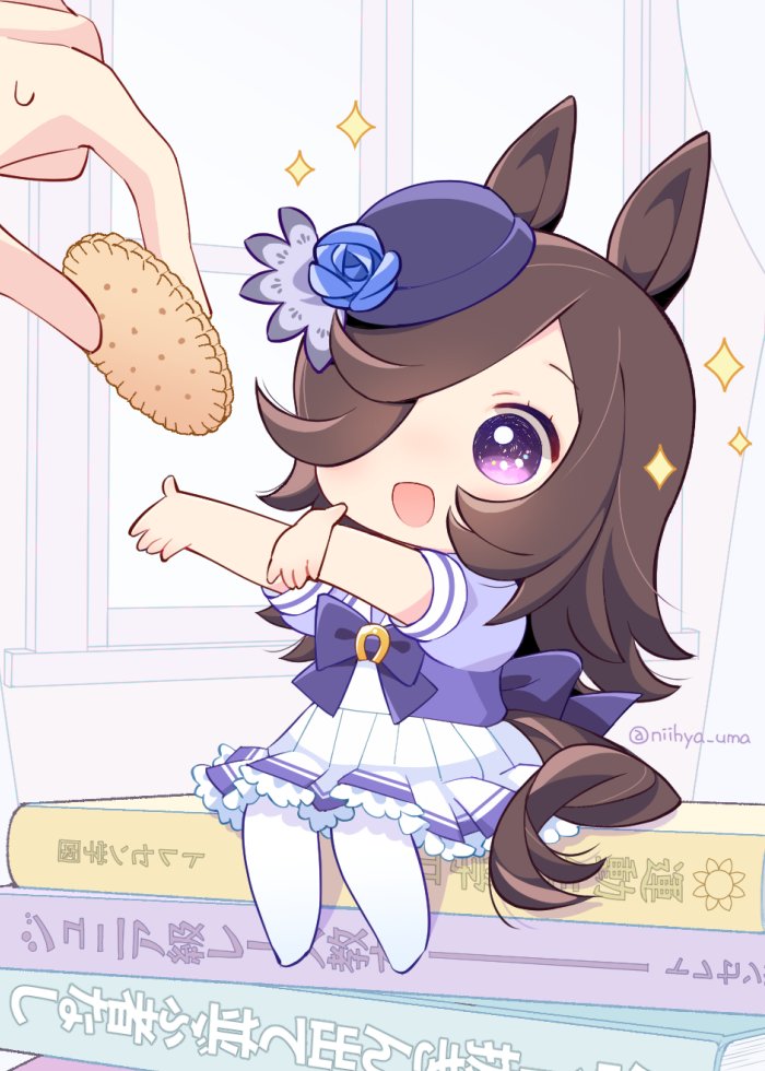 1girl, 1other, animal_ears, blue_headwear, brown_hair, commentary_request, cookie, disembodied_limb, fascinator, food, hair_over_one_eye, horse_ears, horse_girl, horse_tail, long_hair, minigirl, mopiwo, neckerchief, pantyhose, pleated_skirt, puffy_short_sleeves, puffy_sleeves, purple_neckerchief, purple_shirt, rice_shower_(umamusume), sailor_collar, school_uniform, shirt, short_sleeves, skirt, sparkle, tail, tracen_school_uniform, trainer_(umamusume), umamusume, violet_eyes, white_legwear, white_skirt